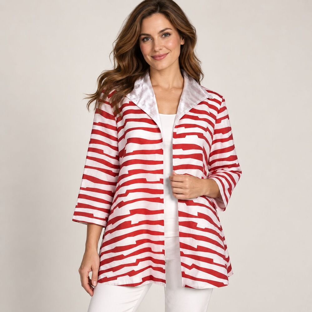 Grace Chuang Jacket L Red White Geometric Stripe Swing Art to Wear Open Front